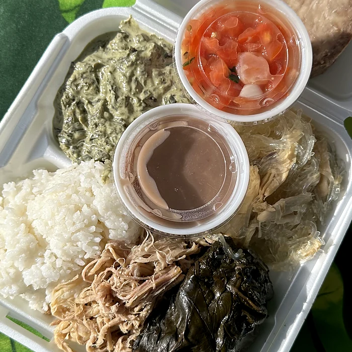 Hawaiian Combo Plate with laulau, kalua pig, lomi salmon and chicken long rice
