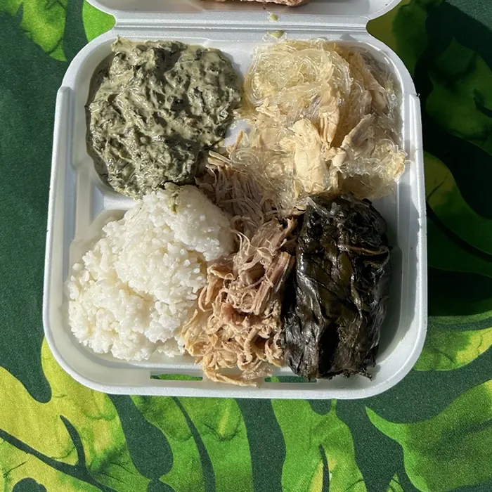 Luau plate with laulau, kalua pig and squid luau